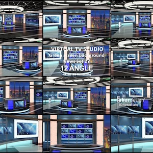 Digital 4K-8K 3d Rendering. Virtual TV Studio Green Screen Background. News Set 27. 12 ANGLE