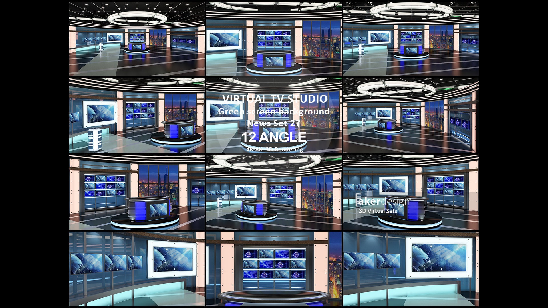 Digital 4K-8K 3d Rendering. Virtual TV Studio Green Screen Background. News Set 27. 12 ANGLE