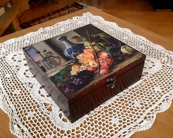 Wooden Tea Box with antique Dutch Still Life Painting, Tea bag organizer, Tea bag caddy