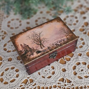Portagioie in stile antico decorato con scena invernale vintage, piccolo contenitore in legno fatto a mano, robusto portagioie