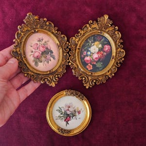 Set of 3 mini wall art in Baroque style, Tiny framed antique oil paintings reproductions, Miniature Trio vintage floral Artwork