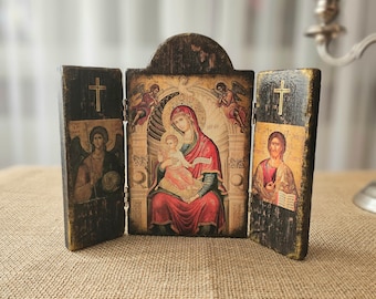 Wooden icon- Triptych with Mother of God, Jesus Christ Pantocrator and Archangel Michael, Byzantine icon , Custom Wooden orthodox icon