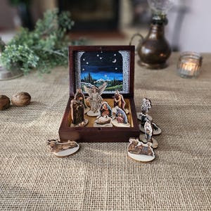 Mini Nativity set in the wood box, Vintage style Decorative wooden box with nativity scene figurines
