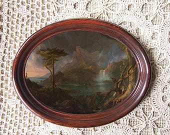 Framed oval antique landscape Print, Rustic wooden frame with old painting Artwork