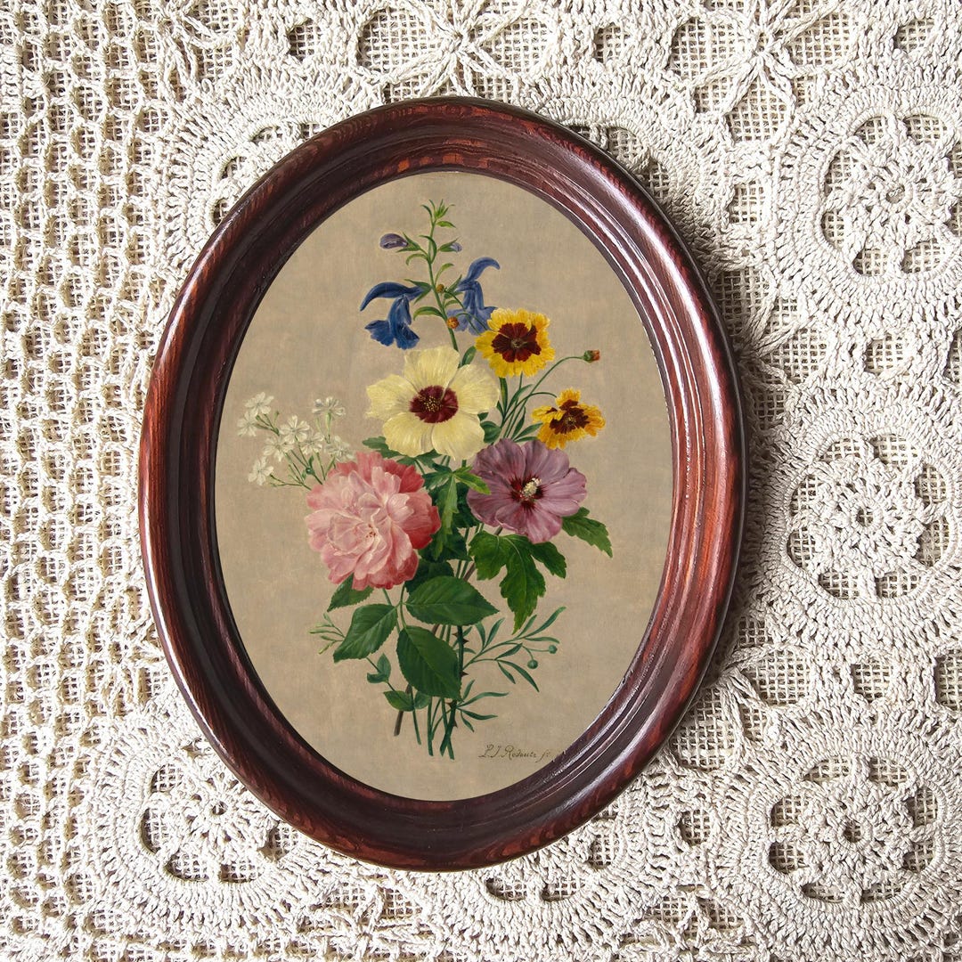 Framed Oval Antique Still Life Print, Vintage Style Wooden Frame With ...