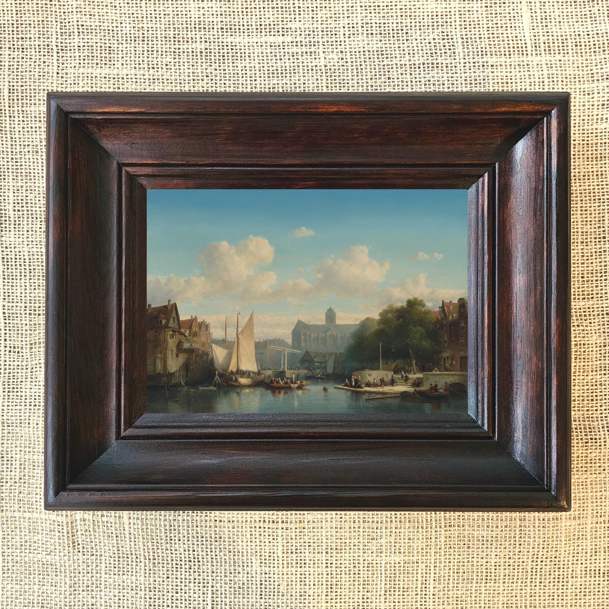 絵画☆風景画　木製額☆アンティーク 額入りアンティーク風景画：クラシックなワイド木製フレーム、小