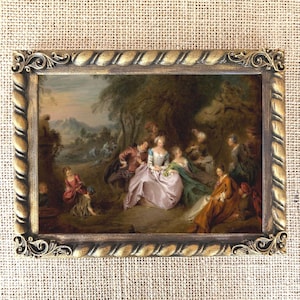 Puede incluir: Una pintura al óleo en un marco dorado representa a un grupo de personas en un entorno boscoso. Las personas están vestidas con ropa del siglo XVIII y están reunidas alrededor de una mesa. Hay árboles y un paisaje distante en el fondo.
