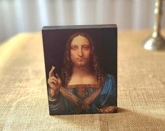 Salvator Mundi by Leonardo da Vinci, Reproduction on a linden wood board, Savior of the world, Antique religious painting