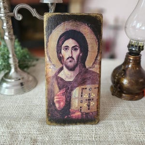 Handcrafted Wooden icon of Jesus Christ Pantocrator, Antique style wood icon