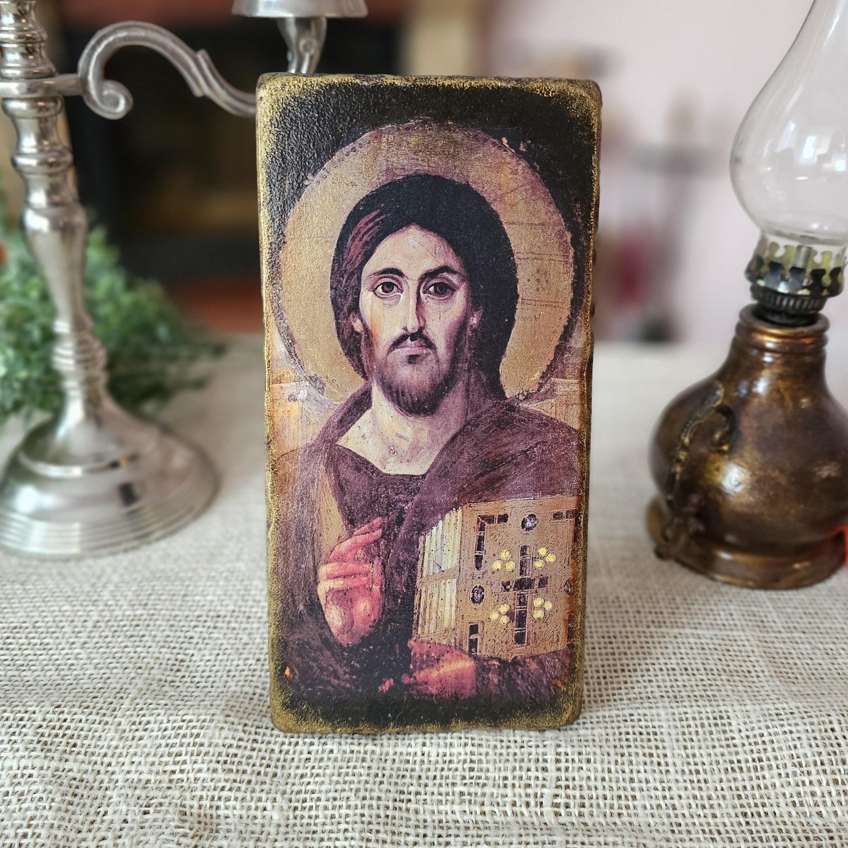 Handcrafted Wooden icon of Jesus Christ Pantocrator, Antique style wood icon