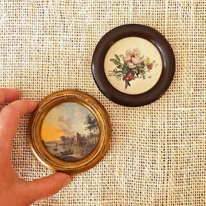 Tiny wall art: set of 2 antique painting prints in round resin frames
