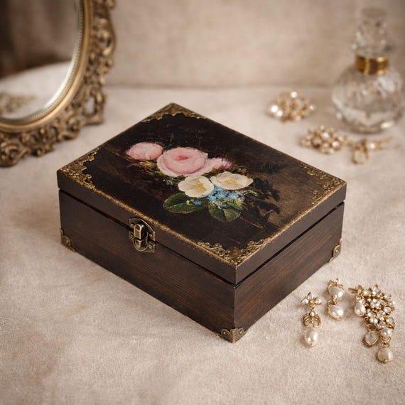 Handmade Victorian Floral Jewelry Box, Vintage style Keepsake Box