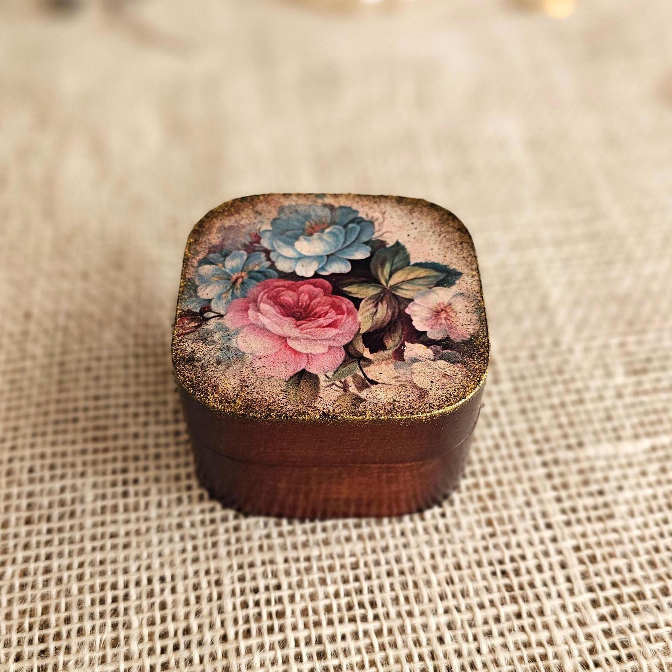Аntique style engagement ring box, Wooden luxury proposal ring case, decorated with Victorian flowers