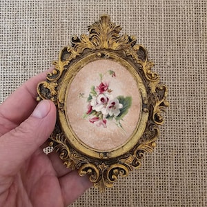 Baroque Miniature Floral Painting: Ornate Gold Frame, Dollhouse Wall Art