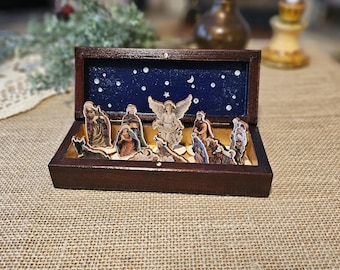 Mini wooden Nativity set in decorative box, Vintage style wood box with manger scene figurines, Religious gift for child