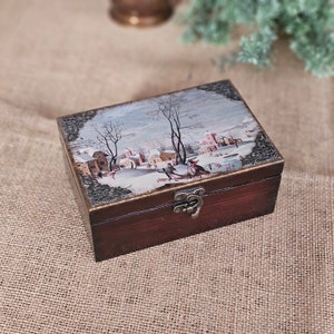Portagioielli in stile antico con paesaggio invernale fiammingo, portagioielli in legno, scatola di lusso con smalto francese artigianale, portagioielli in legno