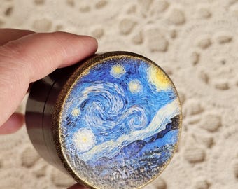 Custom Engagement ring box in Van Gogh style: Natural wood, French polish, Velvet cushion, Ring height up to 1.26&quot;
