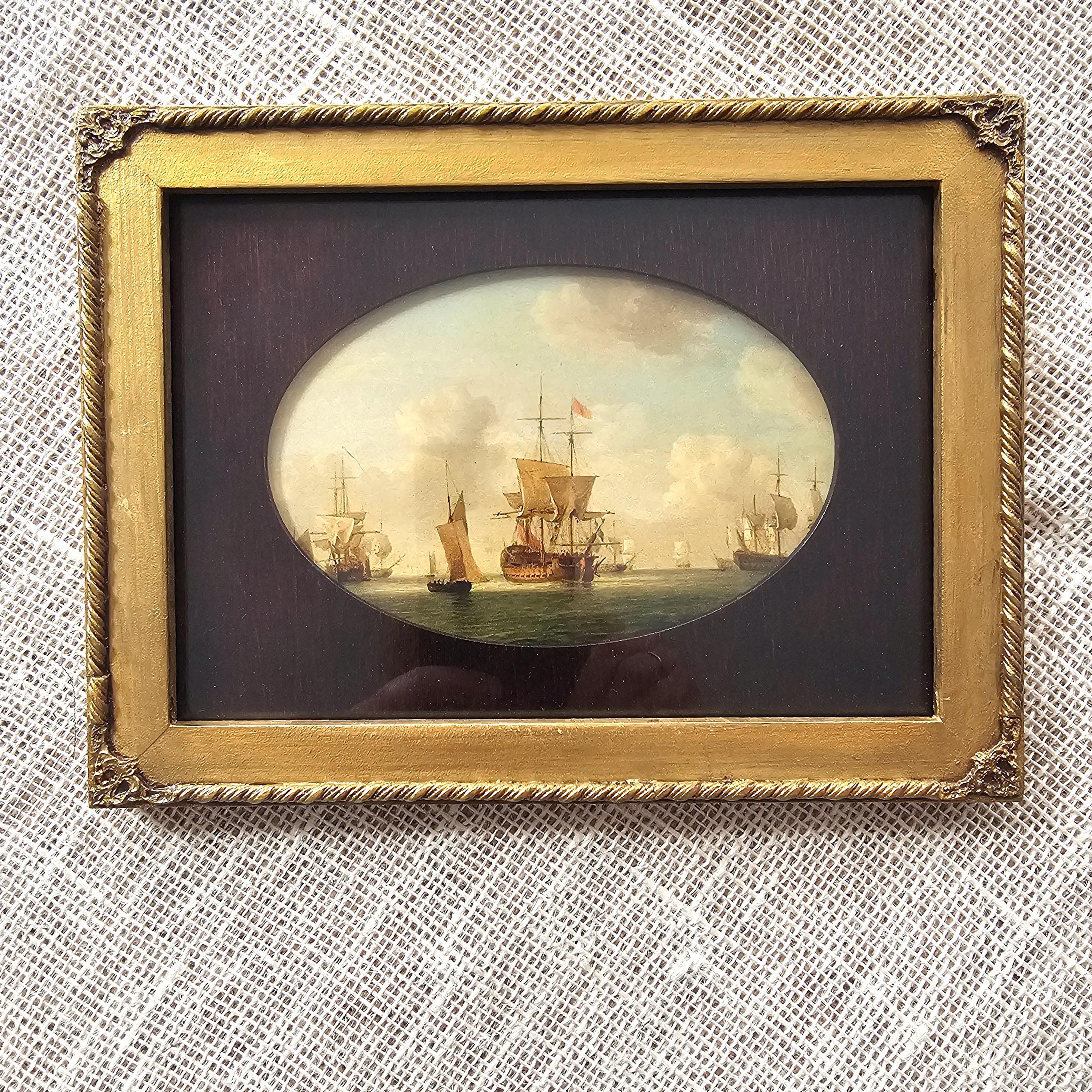 Vintage Framed Seascape Reproduction, Print of Old Painting of ships in a replica antique wooden frame, Handmade, High quality, eco-friendly