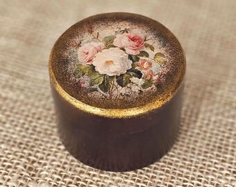 Floral Wooden Engagement Ring Box: Antique Style,French Polish, Velvet Cushion