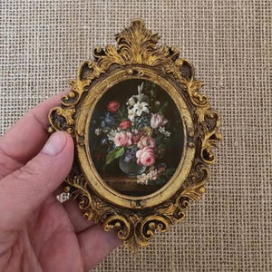 Baroque Miniature Floral Painting: Ornate Gold Frame, Vintage Style