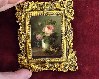 Miniature of old oil painting floral print in Baroque Frame, Vintage wall art in Mini picture frames, Dollhouse framed art
