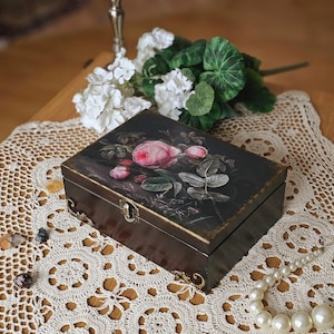 Large wooden jewelry box decorated with antique Dutch painting, Handmade Vintage style storage