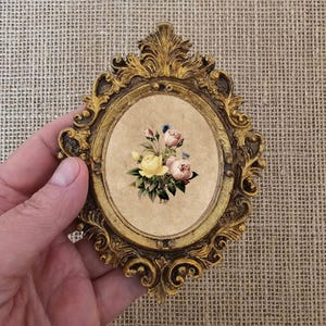 Baroque Miniature Floral Painting in Ornate Gold Frame