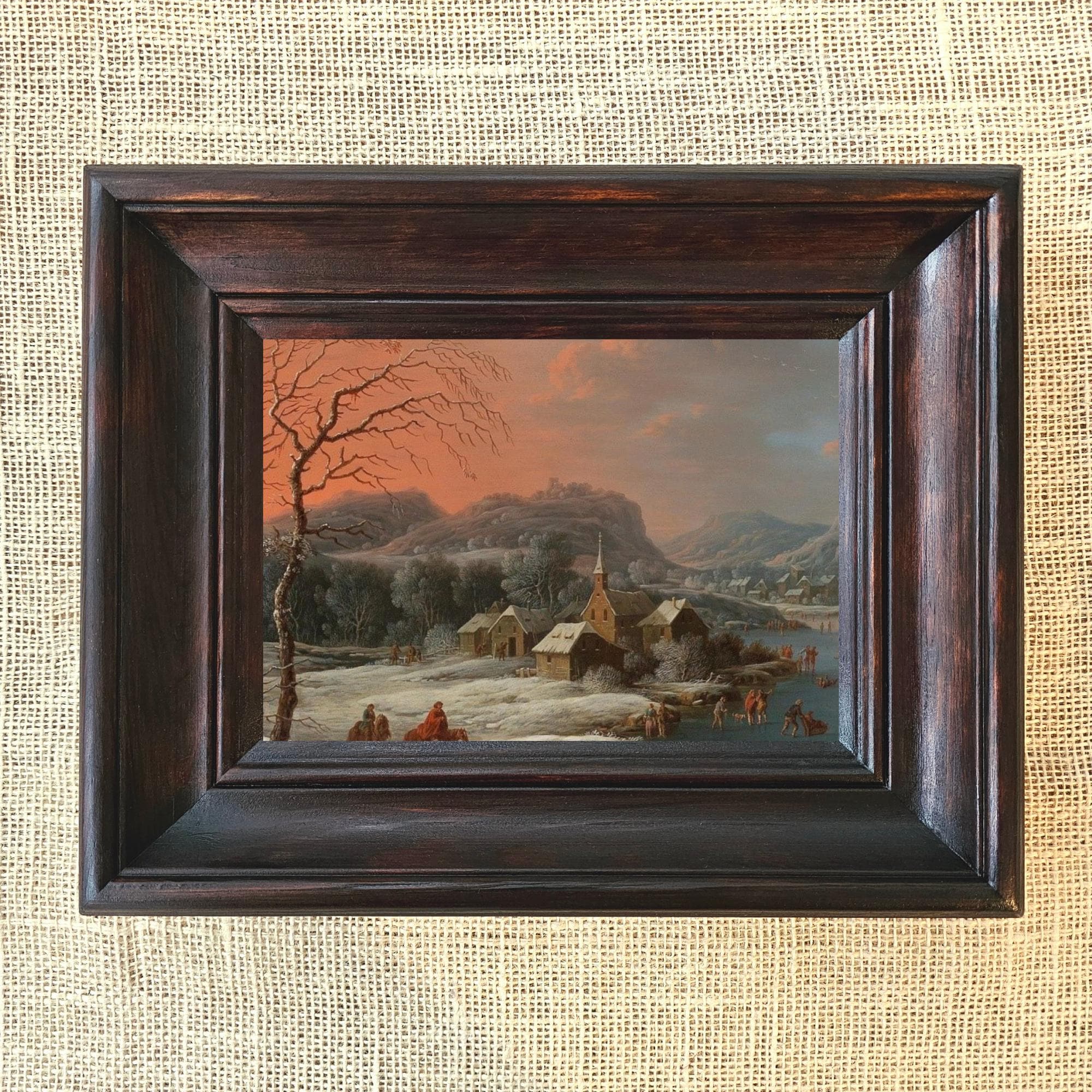 風景画 木製フレーム付き 額入りアンティーク風景画：クラシックなワイド木製フレーム、小