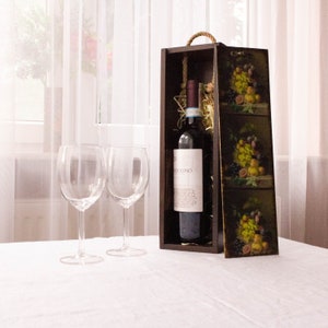 Scatola per vino in legno decorata con natura morta olandese, portabottiglie in stile antico, contenitore per vino dal design vintage