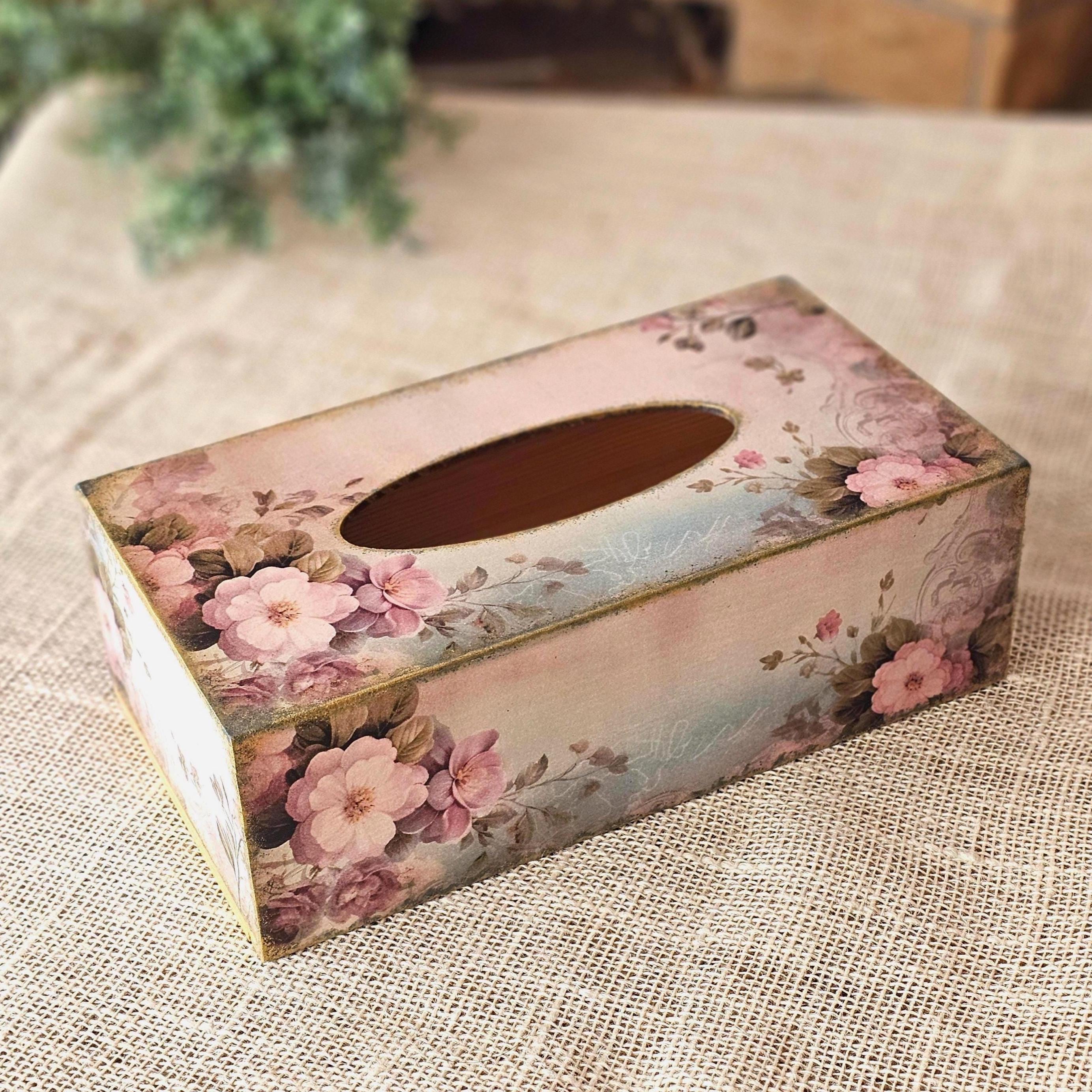 花柄木製ティッシュボックス 木製の花柄ティッシュボックスカバー：ヴィンテージスタイル、手作り