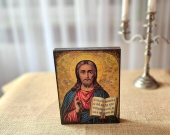 Handmade wooden icon of Jesus Christ, Antique Orthodox religious art replica, Jesus figure icon