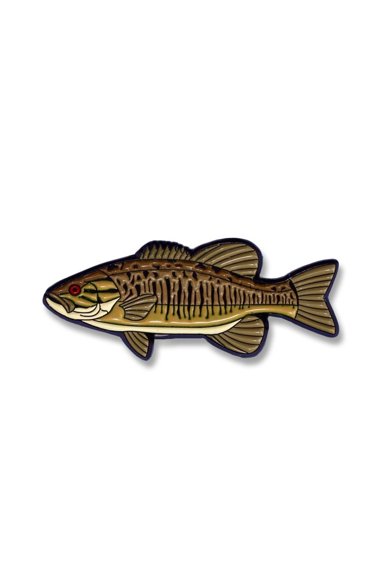K&ouml;nnte beinhalten: Eine Emaille-Anstecknadel mit einem kleinen Barsch, braun und gr&uuml;n gef&auml;rbt, mit roten Augen.