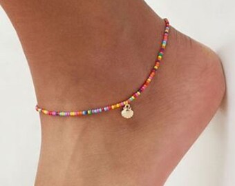 Bright beaded anklet with silver shell pendant - Handmade Jewelry