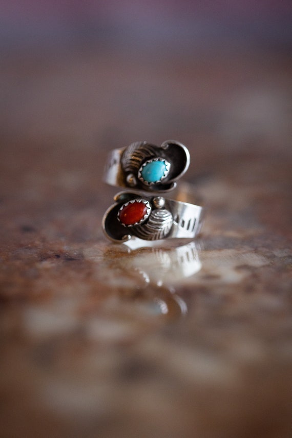 Adjustable Turquoise and Coral Silver Ring