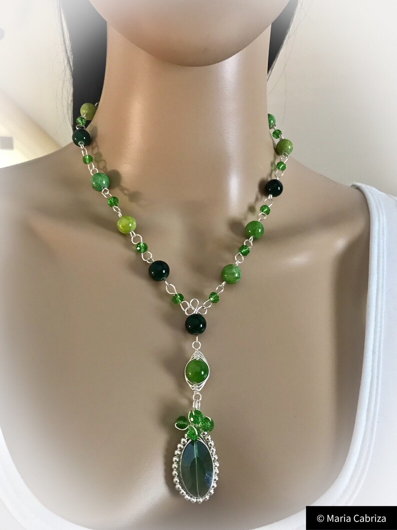 Quartzite beads-Necklace and earring set. Handmade Jewelry Wire wrapped Jewelry Silver and Green Jewelry Set Jewelry