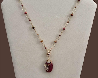 Handmade Gold Wire Wrapped Burgundy Stone Necklace and Earring Set