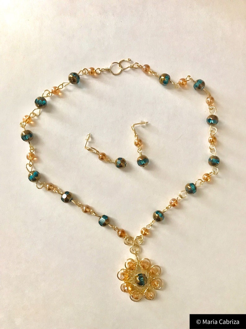 Jewelry Handmade Jewelry Gold and Aqua Jewelry Set Wire Wrapped Jewelry
