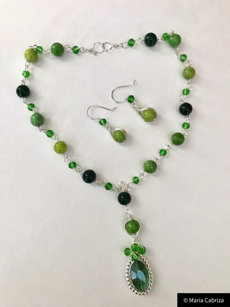 Quartzite beads-Necklace and earring set. Handmade Jewelry Wire wrapped Jewelry Silver and Green Jewelry Set Jewelry
