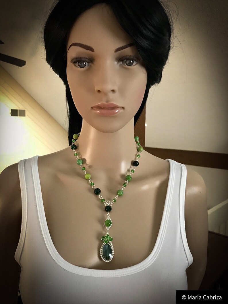 Quartzite beads-Necklace and earring set. Handmade Jewelry Wire wrapped Jewelry Silver and Green Jewelry Set Jewelry