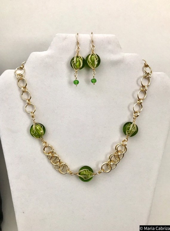 Quartzite beads-Necklace and earring set. Handmade Jewelry Wire wrapped Jewelry Silver and Green Jewelry Set Jewelry