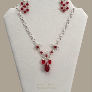 Handmade Wire Wrapped Red Glass Jewelry Set: Silver Necklace and Earrings