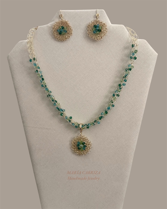 Green & Gold Crocheted Wire Jewelry Set, Handmade Necklace and Earrings