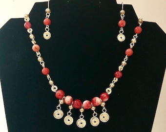 Jewelry - Handmade Jewelry - Gold Red and Clear Jewelry Set - Wire wrapped Jewelry - Red semi precious beads-Necklace and earring set.