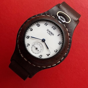 Zakhorloge Vintage Seconda van echt leren band, steampunk, gotisch polshorloge