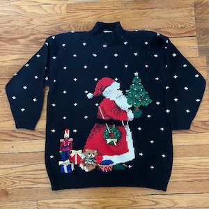 Vtg Marisa Christina XL Christmas Sweater 90s Black Santa Cotton Knit Ugly Bells