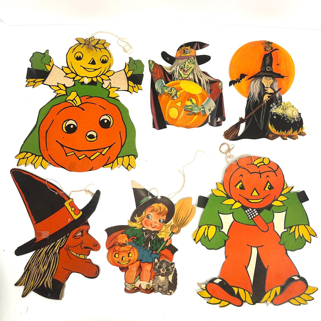 Lot 6 Vintage Halloween Die Cut Decorations Witches Scarecrows Jack O ...