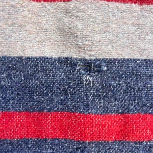 Peut inclure: Gros plan sur un textile tiss&eacute; &agrave; rayures horizontales. Le motif pr&eacute;sente des bandes altern&eacute;es de rouge, bleu marine et blanc cass&eacute;. Le tissu a un aspect textur&eacute;, avec des fils visibles et une l&eacute;g&egrave;re imperfection dans la bande bleue.