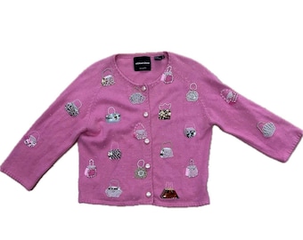 Vintage Michael Simon Medium Cardigan Sweater Pink Handbag Beaded Y2K Novelty Kitsch