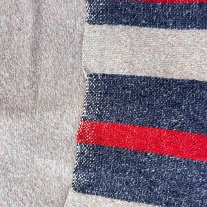 Peut inclure: Gros plan sur un textile tiss&eacute; avec un motif &agrave; rayures. Le motif pr&eacute;sente des bandes altern&eacute;es bleu marine, gris clair et rouge. La texture semble rugueuse et les couleurs sont vives.