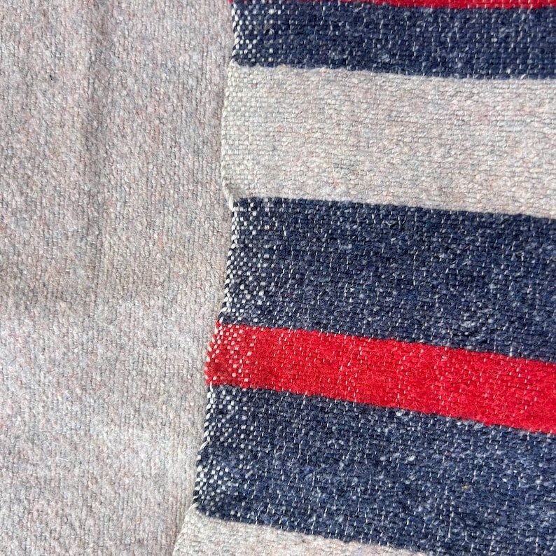 Peut inclure: Gros plan sur un textile tiss&eacute; avec un motif &agrave; rayures. Le motif pr&eacute;sente des bandes altern&eacute;es bleu marine, gris clair et rouge. La texture semble rugueuse et les couleurs sont vives.